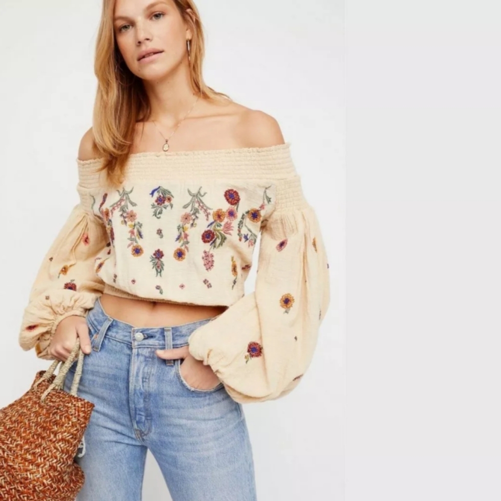 Free People Cream Embroidered Off-Shoulder Crop Top